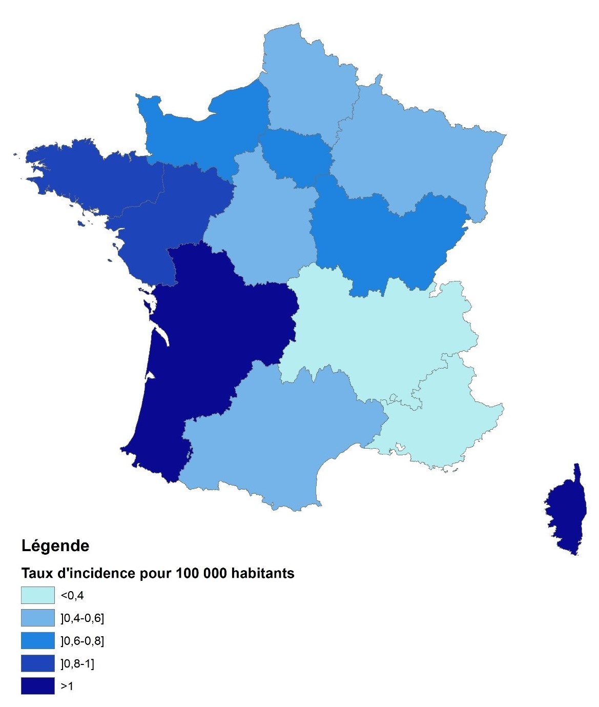 Incidences régionales des cas de leptospirose (nombre de cas/ 100 000 habitants) estimée par le CNR en France métropolitaine, 2020